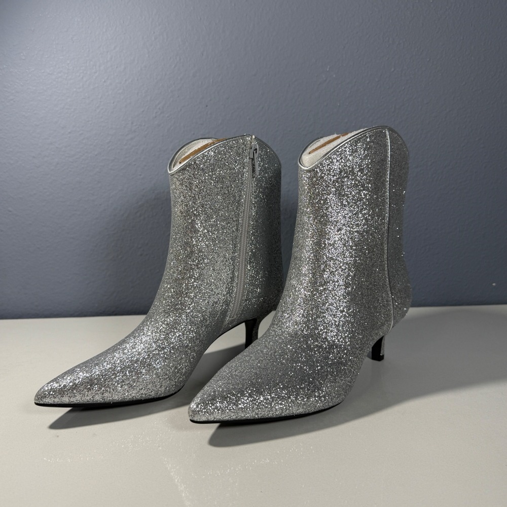 ON 34th‎ Silver Glitter Size 5.5 Western Ankle Boots Pointed Toe Kitten Heel